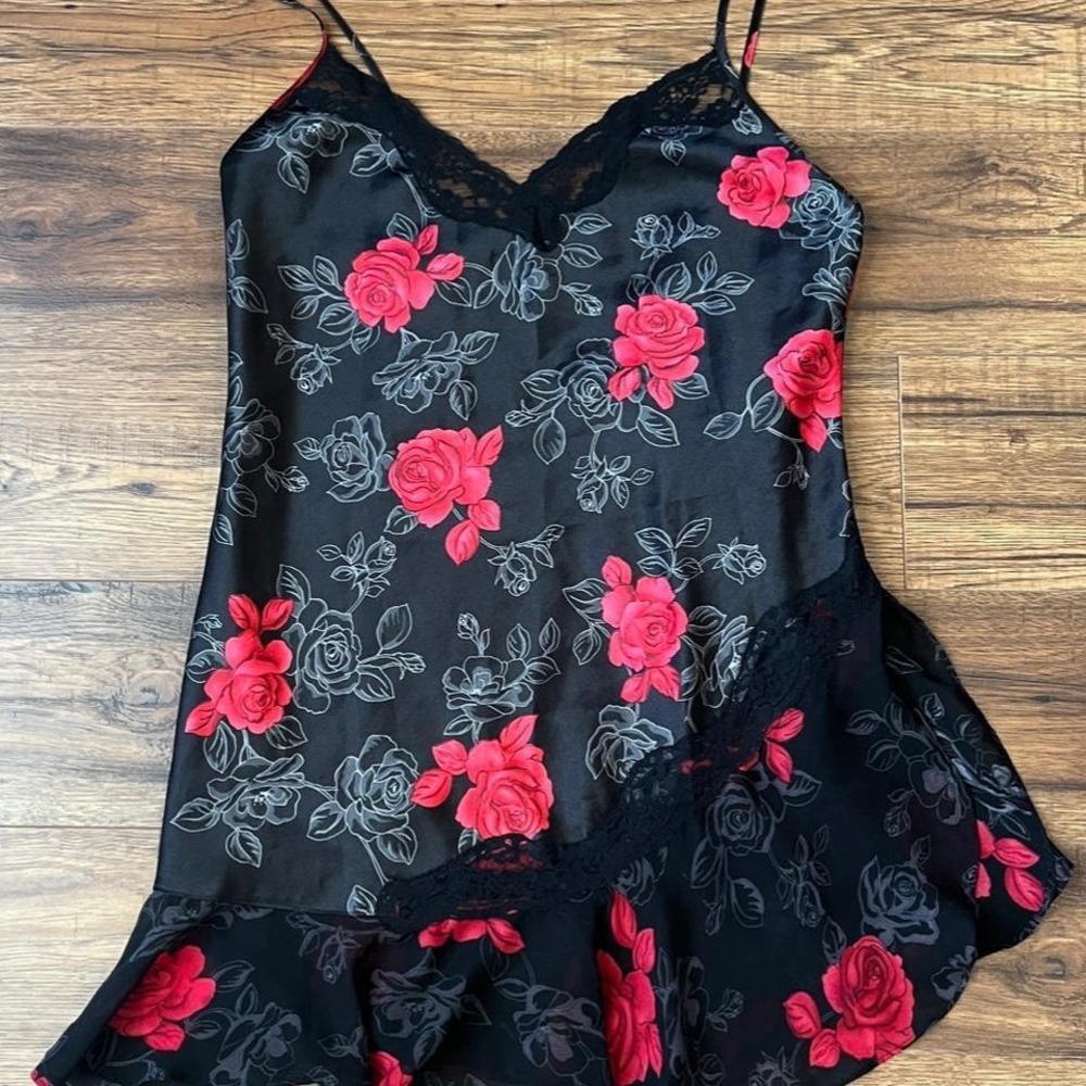 Secret Treasures Black Satin Slip Dress Floral‎ Lace Romantic Y2K Coquette Y2K